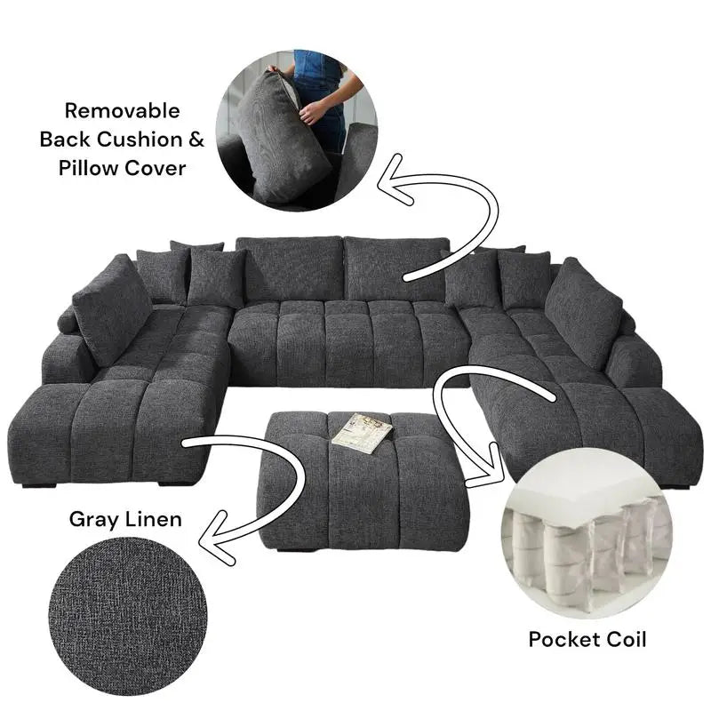 Gray Chenille Sectional Sofa with Toss Pillows, 2 Chaises & Ottoman