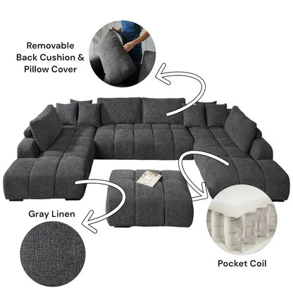 Gray Chenille Sectional Sofa with Toss Pillows, 2 Chaises & Ottoman