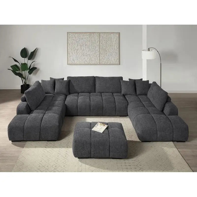 Gray Chenille Sectional Sofa with Toss Pillows, 2 Chaises & Ottoman