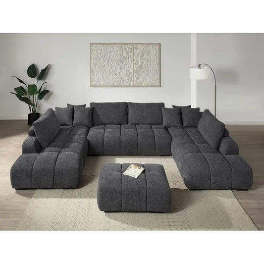 Gray Chenille Sectional Sofa with Toss Pillows, 2 Chaises & Ottoman